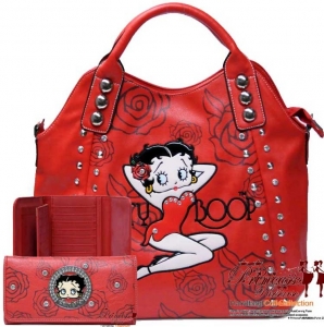Combo! Original Flower Pattern Leatherette Betty Boop Hand Bag w/ Stud And Accent Decor w/ Matching Wallet